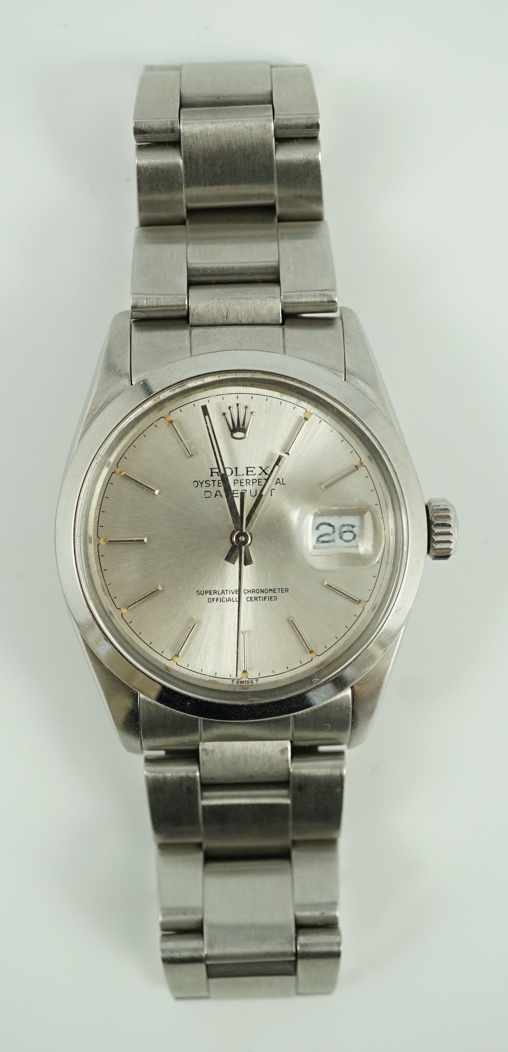 A gentleman's mid 1980's stainless steel Rolex Oyster Perpetual Datejust wrist watch, on a stainless steel Rolex bracelet